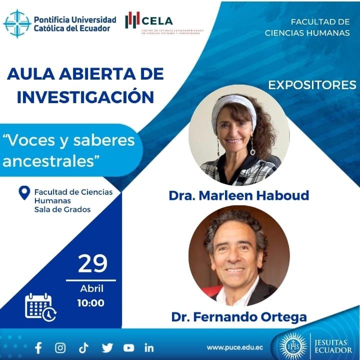 Presentación de los proyectos GeolingüísticaEcuador y Voces y Saberes ancestrales por la Dra. Marleen Haboud y el Dr. Fernando Ortega en el aula abierta de investigación organizada por el CELA.